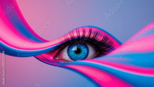 blue eye with long lashes peeks out from swathe of neon pink blue abstract wave. photo