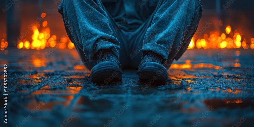 A person sitting on a wet, cobblestone street with blurred distant flames, creating an atmosphere of introspection and warmth on a cool evening A person sitting on a wet, cobblestone street with blurred distant flames, creating an atmosphere of introspection and warmth on a cool evening