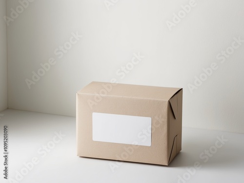 Closed Beige Cardboard Box with White Label. photo