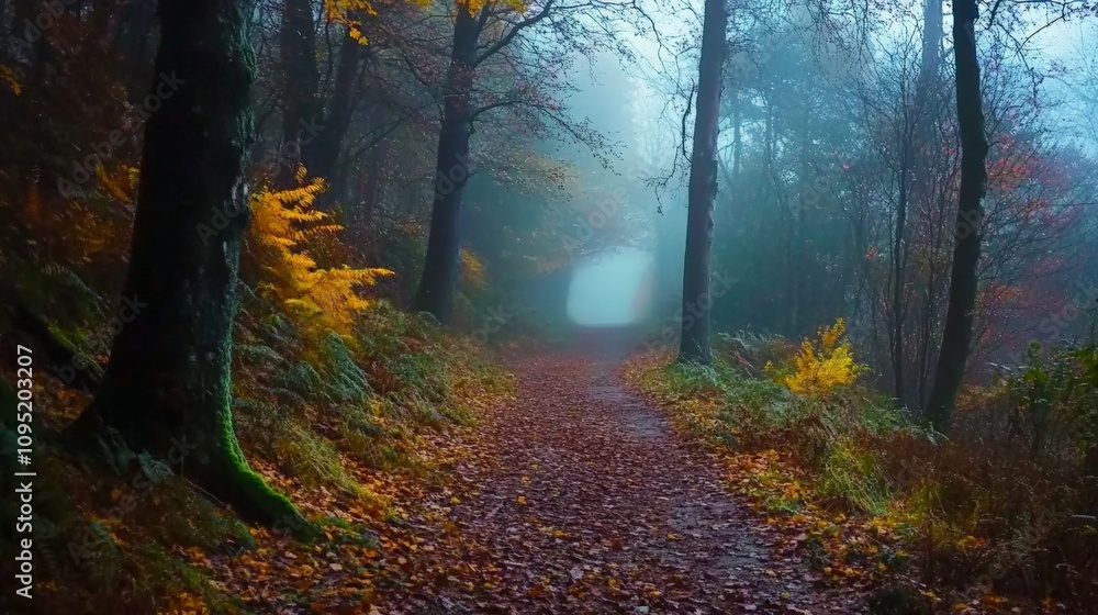 Fototapeta premium A Misty Forest Path in Autumn with Colorful Leaves and Soft Fog