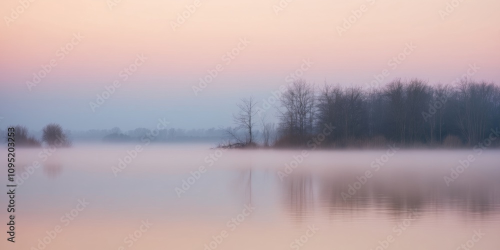 Fototapeta premium A tranquil sunrise over a misty lake showcasing the beauty of nature at dawn.