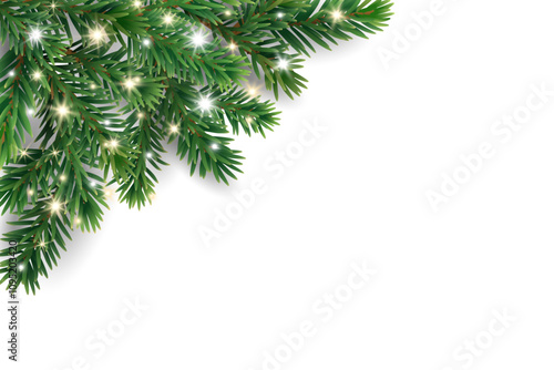 Christmas tree decoration. Holiday fir tree garland, festive Christmas corner. Winter season frame, realistic spruce branch with glowing Christmas lights. Transparent background in vector file.