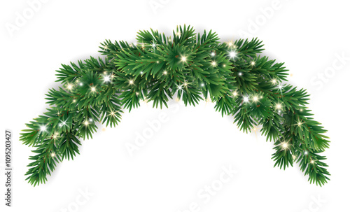 Christmas tree decoration. Holiday fir tree garland, festive Christmas divider. Winter season frame, realistic spruce branch with glowing Christmas lights. Transparent background in vector file.