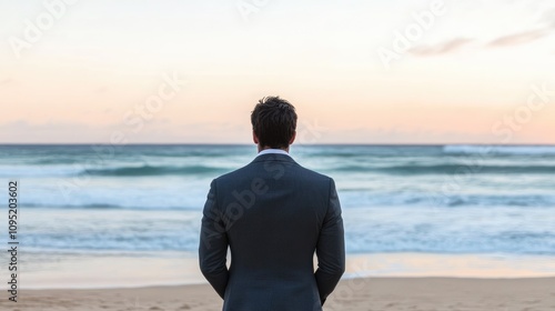 Fototapeta Naklejka Na Ścianę i Meble -  Pensive Man in Suit Standing on Beach Watching Serene Ocean at Sunset