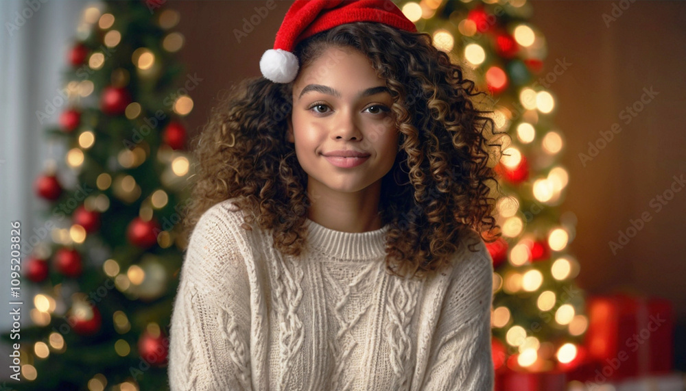 Happy dark-skinned curly brunette young woman in Christmas Santa hat against decorated Christmas tree background. Happy dark-skinned curly brunette young woman in Christmas Santa hat against decorated Christmas tree background.
