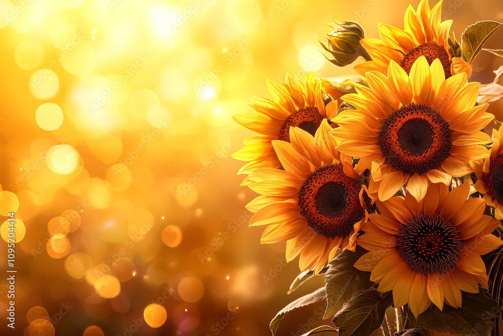 Vase of sunflowers sits on a table. The flowers are bright yellow and are arranged in a way that makes them look like they are smiling. The vase is clear and allows the sunlight to shine through Vase of sunflowers sits on a table. The flowers are bright yellow and are arranged in a way that makes them look like they are smiling. The vase is clear and allows the sunlight to shine through