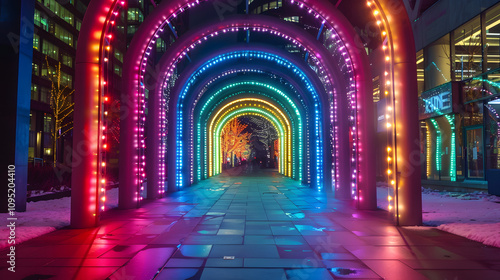 Christmas lights on a busy street with lots of people.stunning hues of the nightlight tunnel as a backdrop. The day of happiness is depicted in every decoration.