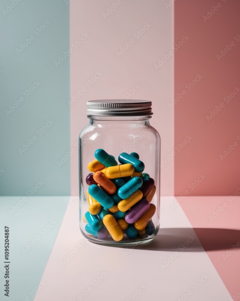 Colorful capsules in a clear jar on a vibrant background. Colorful capsules in a clear jar on a vibrant background.