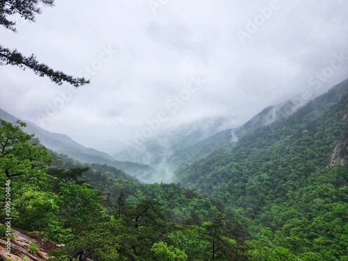 Aerial panorama view of Gyeryongsan mountain in Gohyeon city of South Korea. rainy day in Gyeryongsan National Park, South Korea. rainy season in the mountains. hiking in korean mountains. photo