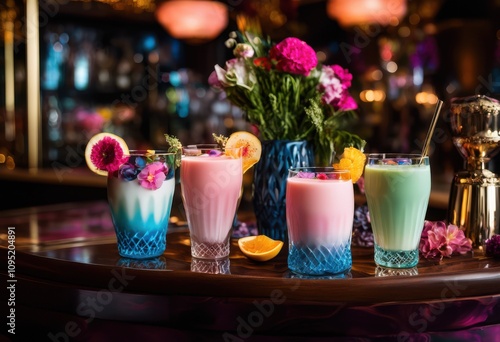 colorful appealing milk cocktails unique elegant glassware showcasing deliciously refreshing beverage experience, drink, cream, shake, blend, smooth