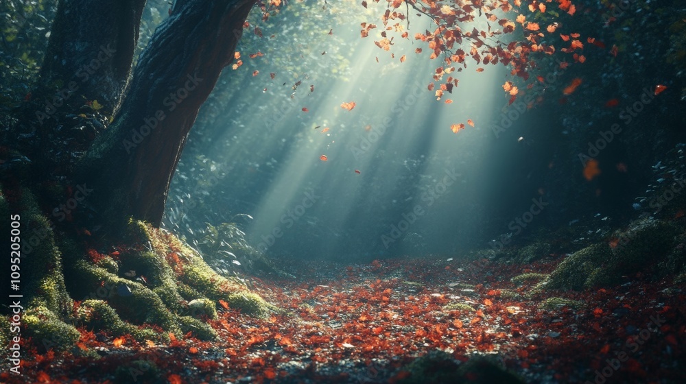 Sunlight Through Trees in a Magical Forest with Colorful Leaves Sunlight Through Trees in a Magical Forest with Colorful Leaves