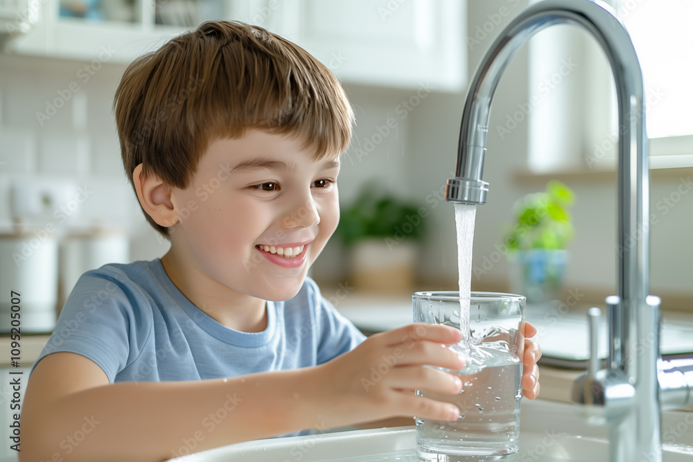 The boy draws water from the faucet in the kitchen. A smiling child watches the water flow. The concept of availability, safety of clean water. The boy draws water from the faucet in the kitchen. A smiling child watches the water flow. The concept of availability, safety of clean water.