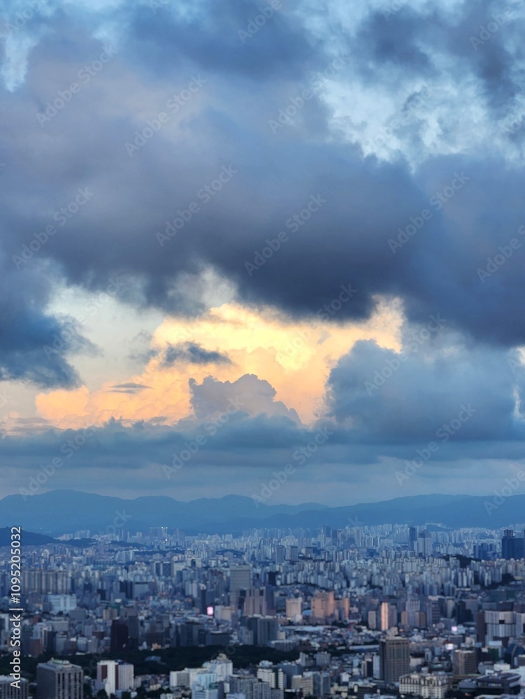 Blue sky with fluffy clouds. summer sky before sunset. Korea