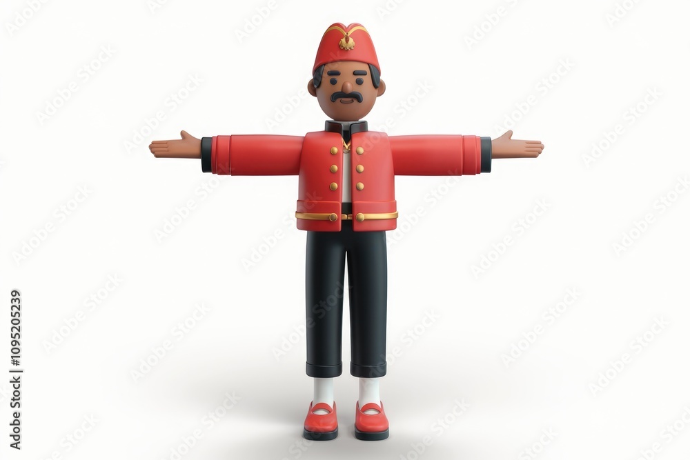 A 3D rendered cartoon of a man in a red uniform with arms outstretched welcoming. A 3D rendered cartoon of a man in a red uniform with arms outstretched welcoming.