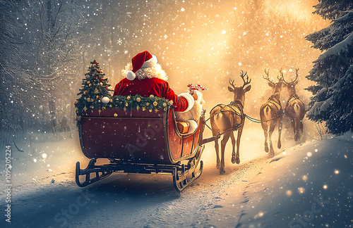 
Christmas wall art canvas print of santa claus riding in his sleigh pulled by reindeer, snowing background, realistic oil painting, christmas decoration on the back seat of carriage, christmas scene,
