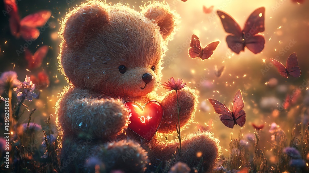 A Plush Bear Holding a Red Heart Amidst a Field of Flowers and Butterflies A Plush Bear Holding a Red Heart Amidst a Field of Flowers and Butterflies