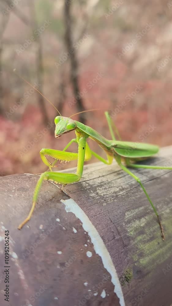 green mantis closeup on a wooden surface with a blurred background, Korea. Praying mantis looking to camera. Natural background concept. vertical video green mantis closeup on a wooden surface with a blurred background, Korea. Praying mantis looking to camera. Natural background concept. vertical video