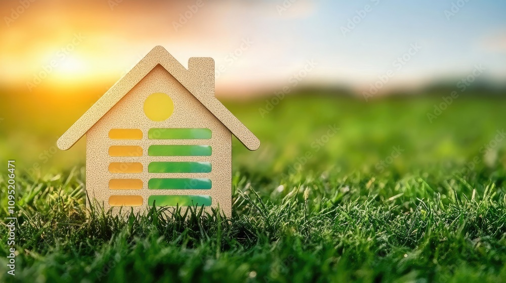 Eco-Friendly Home Symbol on Grass with Bright Sunrise in the Background Eco-Friendly Home Symbol on Grass with Bright Sunrise in the Background
