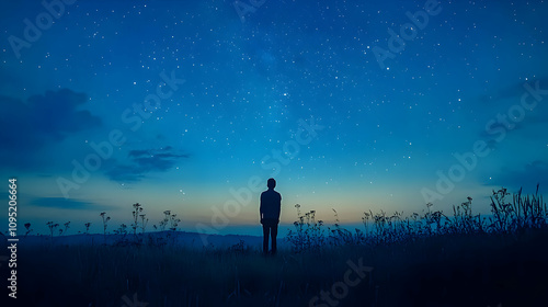 Silhouette of a Person Standing in a Field Under a Starry Night Sky Illustration