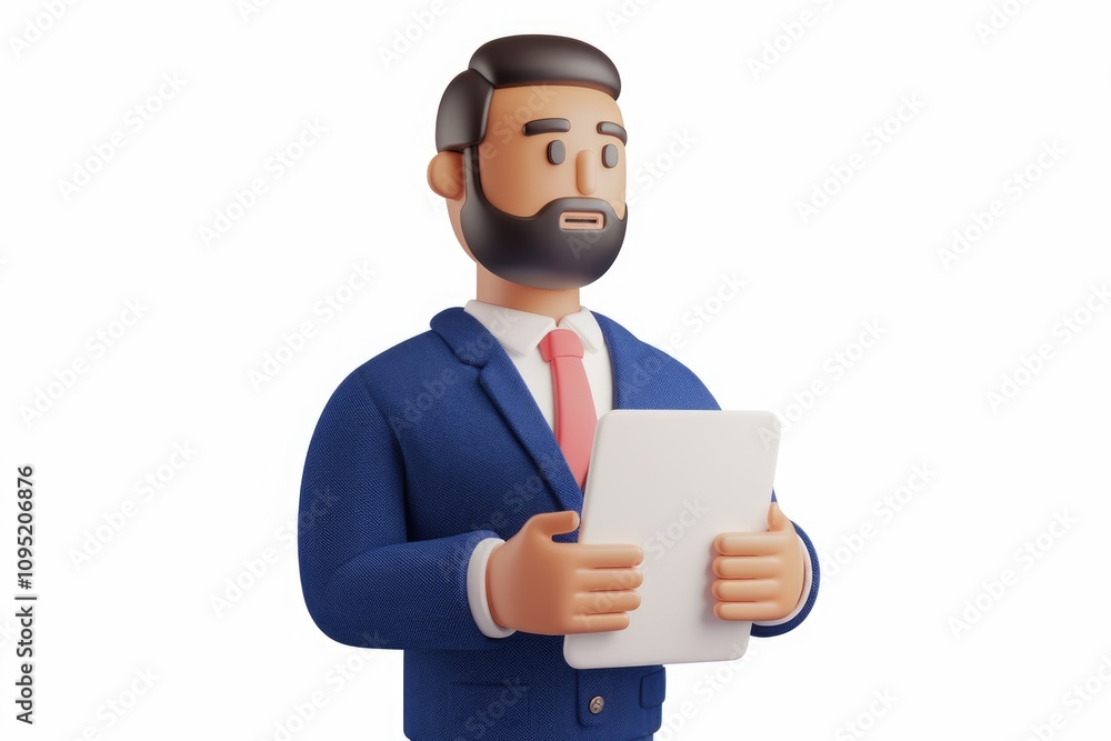 A 3D rendered cartoon businessman in a blue suit holds a tablet appearing thoughtful. A 3D rendered cartoon businessman in a blue suit holds a tablet appearing thoughtful.