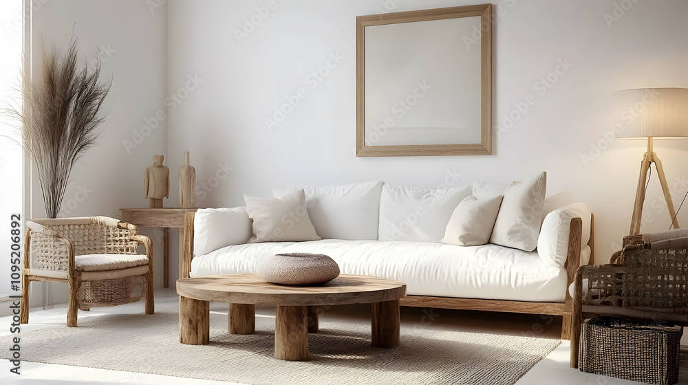 Fototapeta premium Modern white living room interior with a cozy couch, wooden furniture, and soft lighting, showcasing simple and elegant decor. high quality image