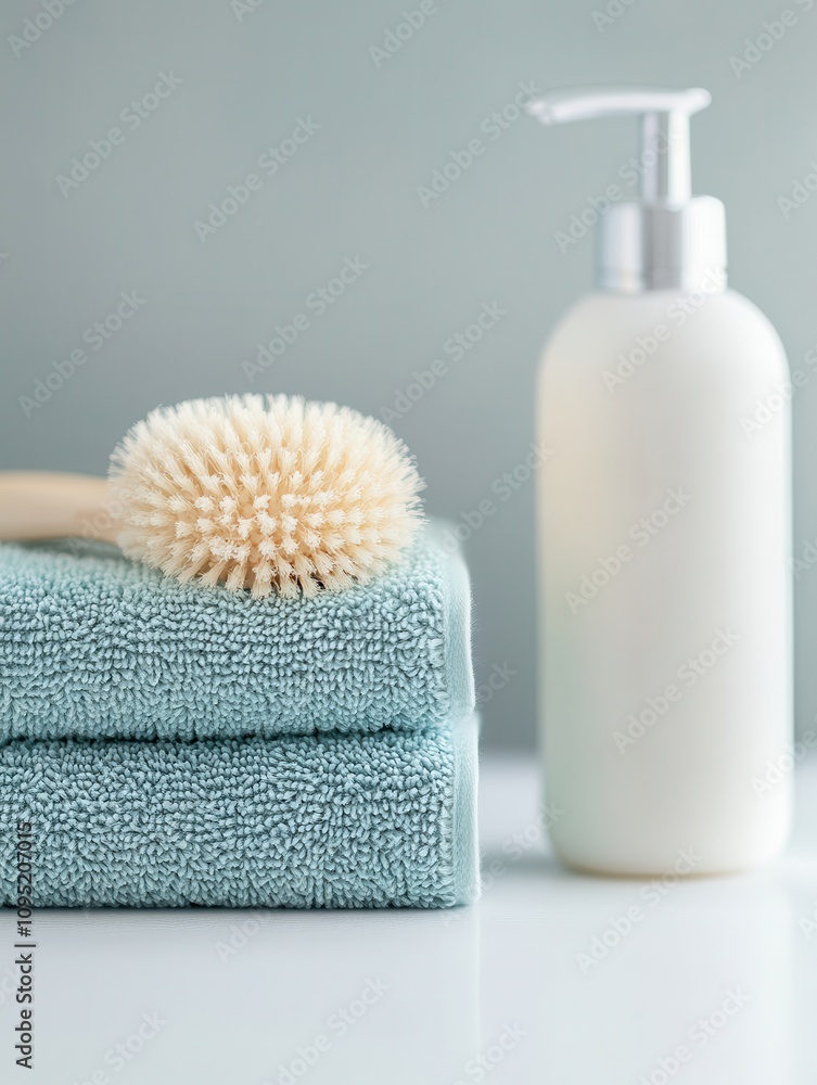 Minimalistic spa setting with a soft towel, a body brush, and a lotion bottle on a neutral background, evoking relaxation and self-care. Minimalistic spa setting with a soft towel, a body brush, and a lotion bottle on a neutral background, evoking relaxation and self-care.