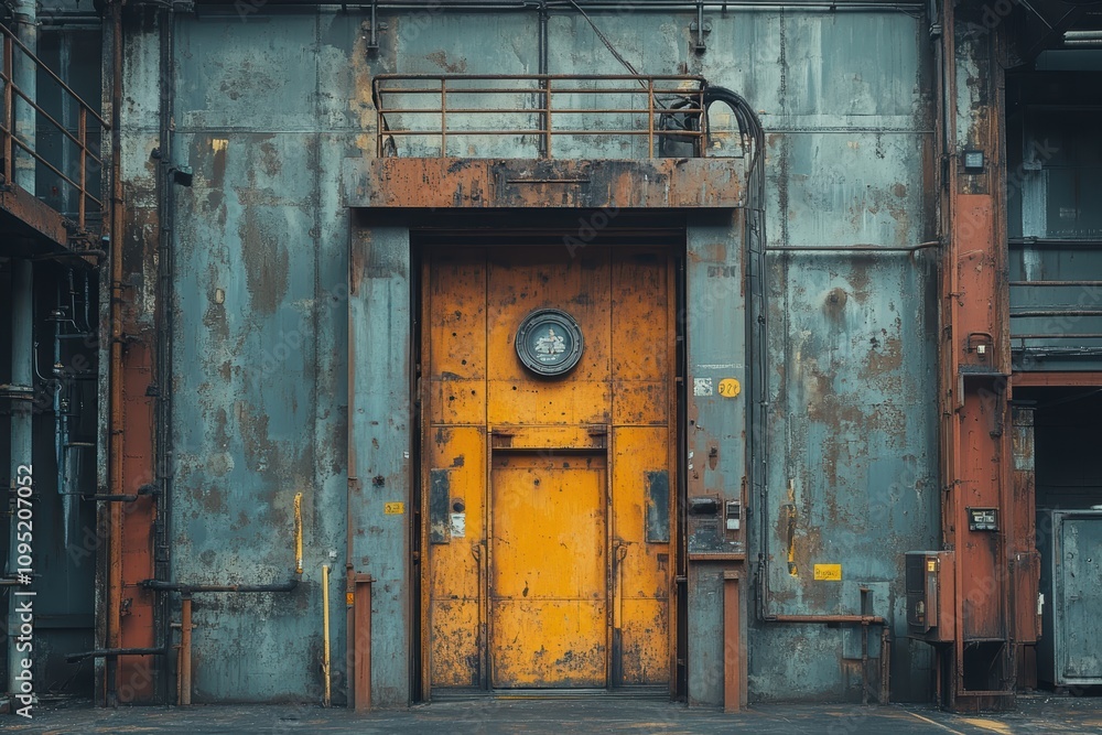 A large, weathered orange metal door is set in a rusty industrial building facade, surrounded by textures of aged steel and urban decay A large, weathered orange metal door is set in a rusty industrial building facade, surrounded by textures of aged steel and urban decay
