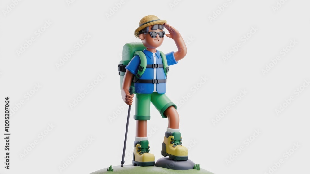 Cartoon hiker enjoys scenic hike with backpack and poles. Cartoon hiker enjoys scenic hike with backpack and poles.