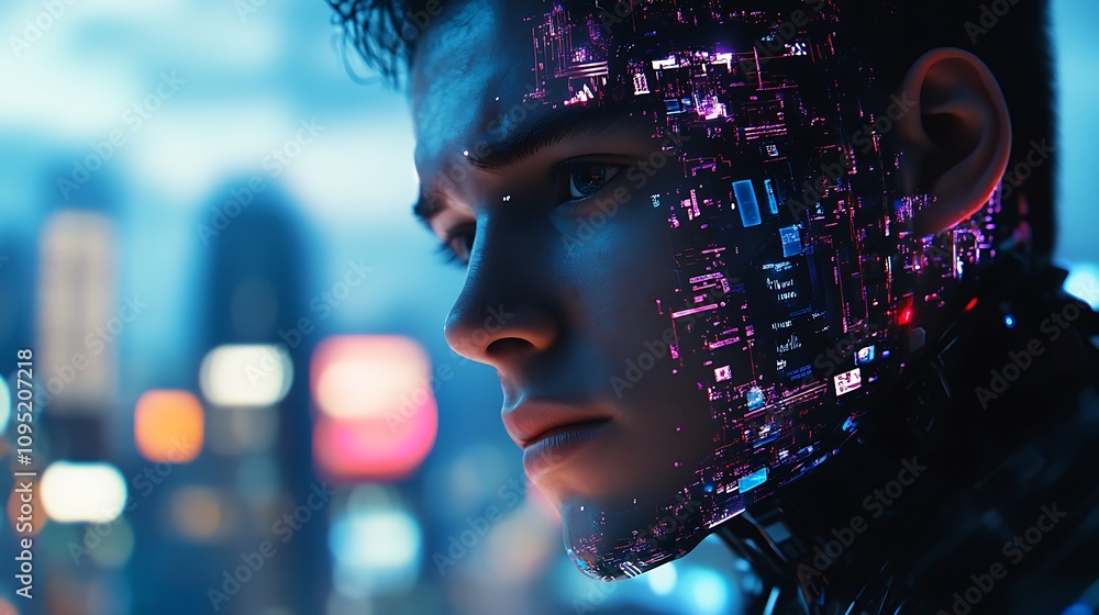 Futuristic Cyborg Youth Gazing Into City Lights Futuristic Cyborg Youth Gazing Into City Lights