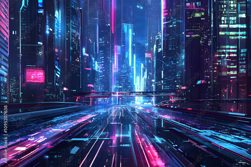 Cyberpunk Cityscape: Neon Lights, Futuristic Highway, AI Interface
