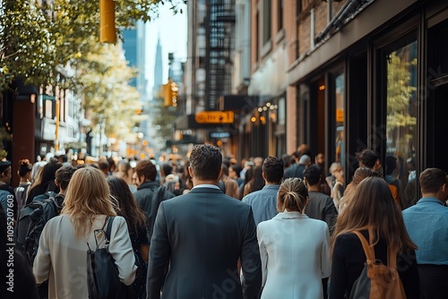 Sunlit Street Crowd Blurred Cityscape, Office Workers Rush Hour