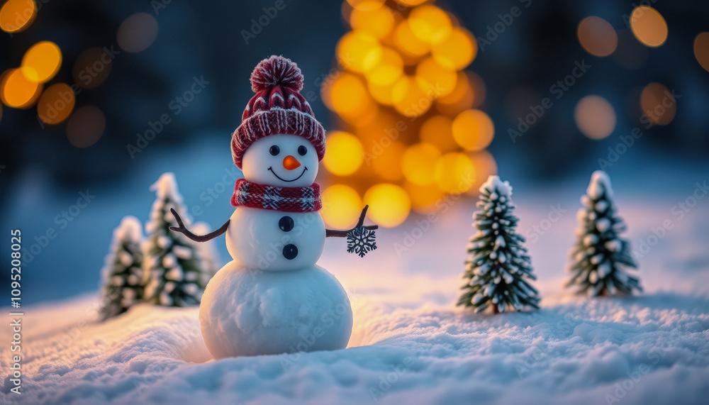 Obraz premium Joyful Snowman in a Snowy Winter Wonderland with Bokeh Lights . Christmas Card Template