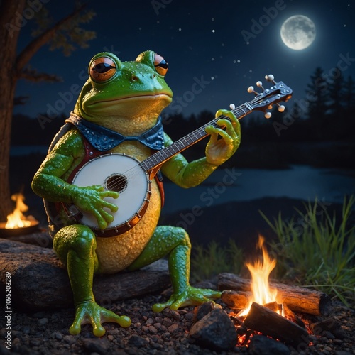 A cartoon-style frog playing the banjo by a campfire at night.