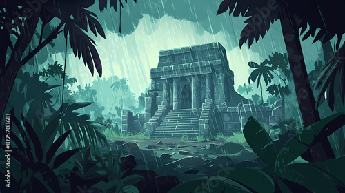 Ancient temple ruins in a dense jungle with stormy weather. Ancient Temple Ruins. Illustration