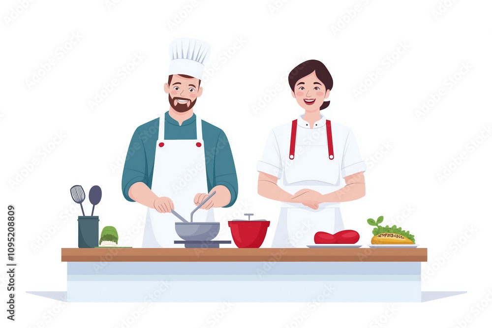 Chefs preparing meals together in a modern kitchen setting with fresh ingredients Chefs preparing meals together in a modern kitchen setting with fresh ingredients