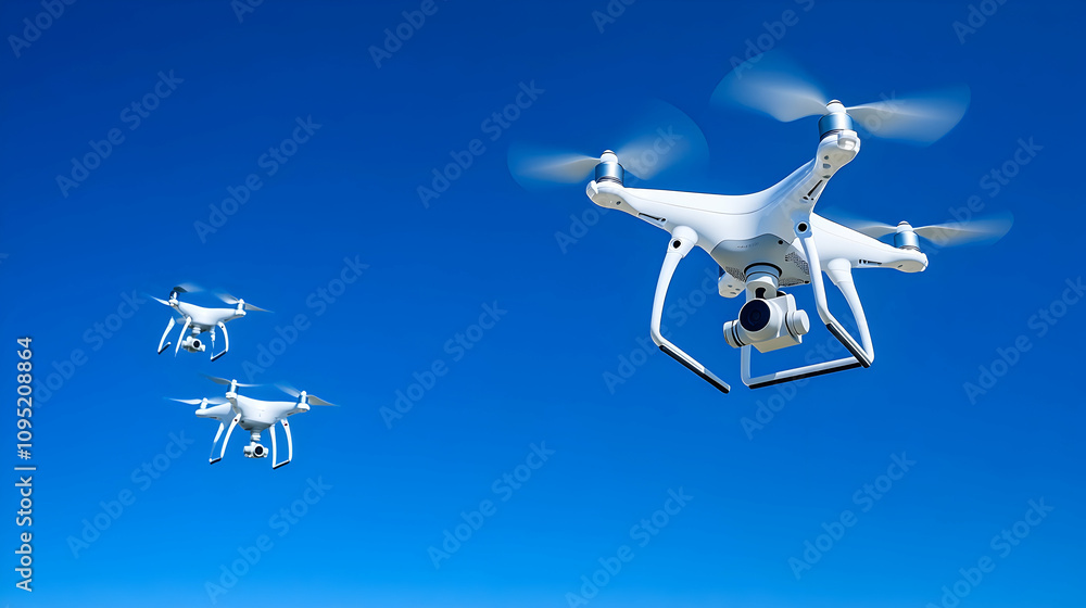 Formation of drones flying against a clear blue sky, demonstrating coordinated aerial photography