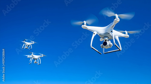 Obraz na płótnie Formation of drones flying against a clear blue sky, demonstrating coordinated aerial photography w salonie