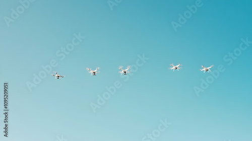 Formation of drones flying against a clear blue sky, demonstrating coordinated aerial photography