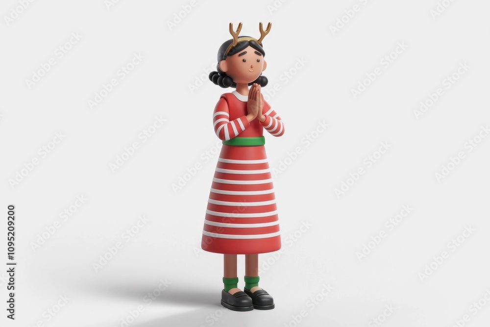 Cartoon girl in Christmas dress with reindeer antlers praying. Cartoon girl in Christmas dress with reindeer antlers praying.