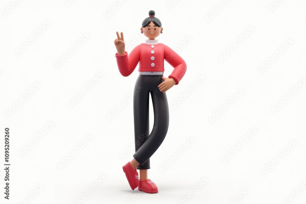 A 3D cartoon woman in red sweater and black pants shows peace sign. A 3D cartoon woman in red sweater and black pants shows peace sign.