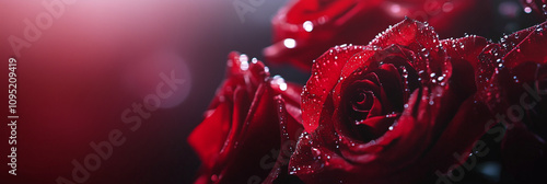 Dew-kissed red roses in soft focus with dramatic lighting for romantic ambiance photo