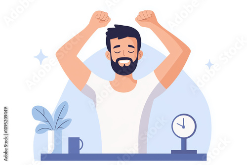 Man stretching in a cozy workspace with a clock and a plant in the background