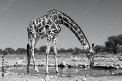 A giraffe gracefully bends to drink water from a small watering hole in a dry, rocky landscape. photo