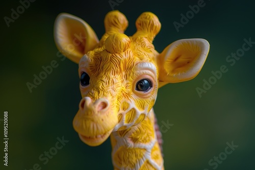 Closeup of a cute yellow giraffe figurine, detailed texture and expressive eyes.