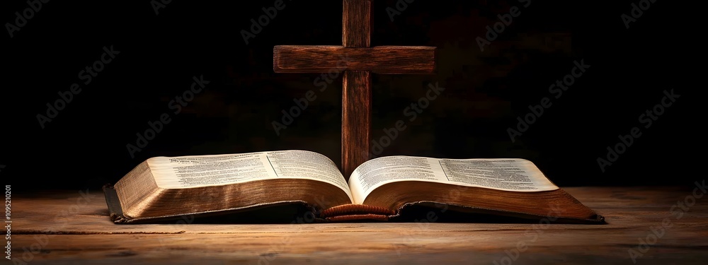 A wooden cross is placed on an open Bible, symbolizing the power of God's word and His grace in our lives A wooden cross is placed on an open Bible, symbolizing the power of God's word and His grace in our lives
