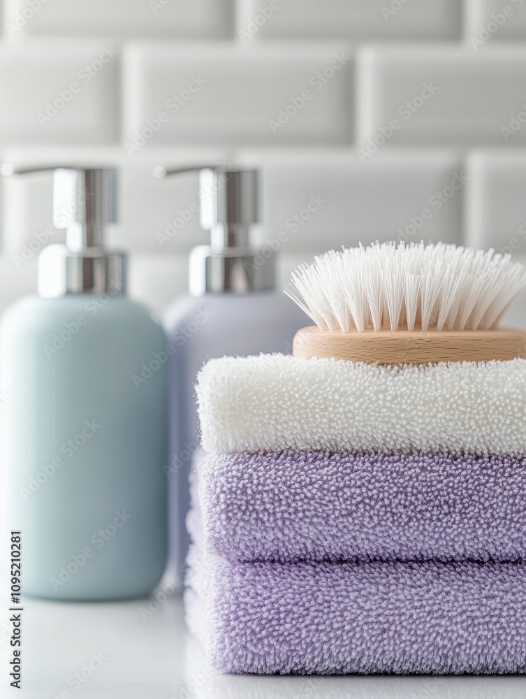 Soft pastel towels stacked with lotion dispensers and a brush in a modern bathroom setting. Perfect for spa and home decor themes. Soft pastel towels stacked with lotion dispensers and a brush in a modern bathroom setting. Perfect for spa and home decor themes.