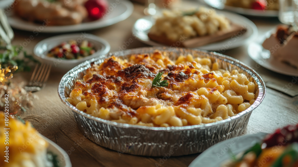 A delicious baked macaroni and cheese dish served at a festive gathering. A delicious baked macaroni and cheese dish served at a festive gathering.
