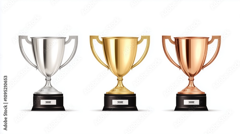 Vector illustration of blank golden silver and bronze champion cups isolated on a white background. Vector illustration of blank golden silver and bronze champion cups isolated on a white background.