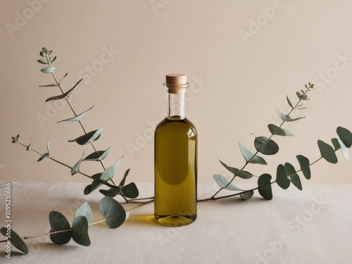 bottle of olive oil on beige background with eucalyptus branches. photo