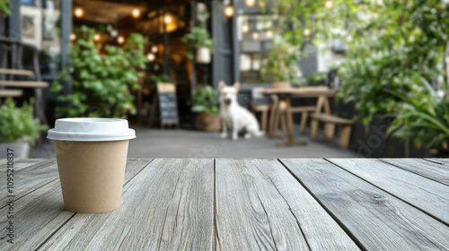 Pet friendly cafe welcomes guests with their furry companions, paper coffee cup on wooden table. Generative ai